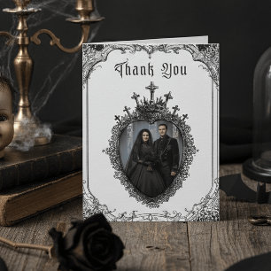 Cartão De Agradecimento Elegante Foto de Casamento Preto Toile Gótico Vint