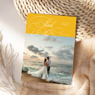 Cartão De Agradecimento Elegante Foto de Casamento Script Amarelo