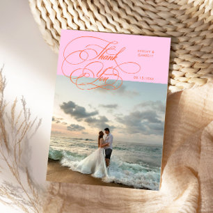 Cartão De Agradecimento Elegante Foto de Casamento Script Laranja Rosa