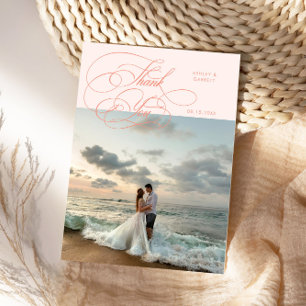 Cartão De Agradecimento Elegante Foto de Casamento Script Pêssego