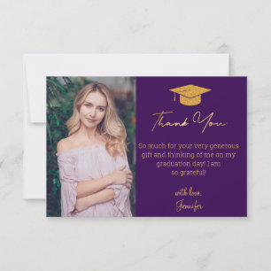 Cartão De Agradecimento elegante foto de formatura em roxo com letra doura