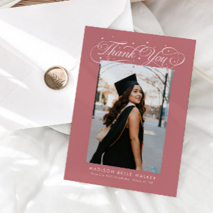 Cartão De Agradecimento Elegante Foto de Formatura em Script Rosa