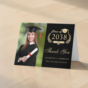 Cartão De Agradecimento Elegante Foto de Graduação em Preto com Letra Dour