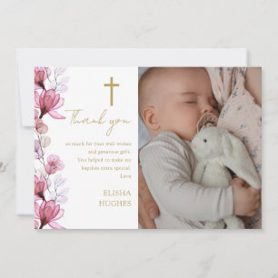 Cartão De Agradecimento Elegante Foto Floral Rosa Batismo Batizado