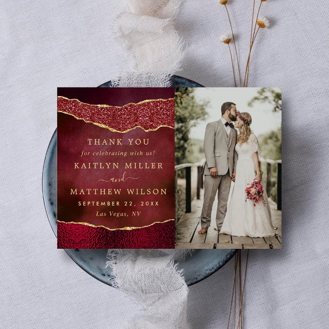 Cartão De Agradecimento Elegante Fotografia de Casamento em Burgundy e Ága (Criador carregado)