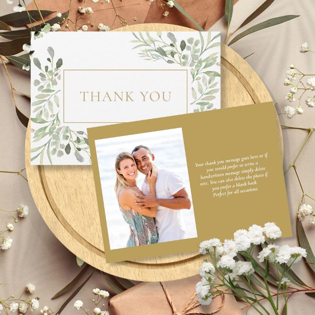 Cartão De Agradecimento Elegante Fotografia de Folhagens em Aquarela a Our (Elegant Watercolor Greenery Photo Gold Thank You Card)
