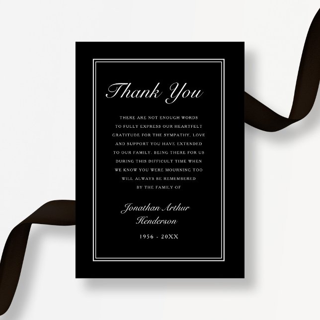Cartão De Agradecimento Elegante Funeral de Luto com Letra Preta (Elegant Black Script Sympathy Funeral Thank You Card)