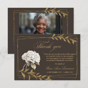 Cartão De Agradecimento Elegante Funeral Hortênsia Branca Folhas Douradas