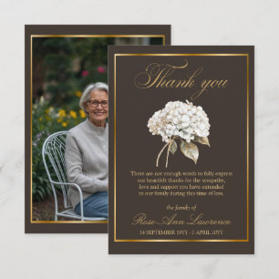 Cartão De Agradecimento Elegante Funeral Hydrangea Foto Dourado Branco