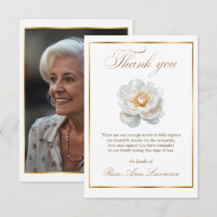 Cartão De Agradecimento Elegante Funeral Peônia Branca Foto Dourada