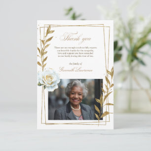 Cartão De Agradecimento Elegante Funeral Rosa Branca Folhas Douradas