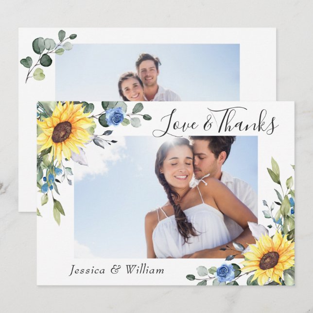 Cartão De Agradecimento Elegante Girassóis Eucalyptus Greenery 2 FOTO (Frente/Verso)