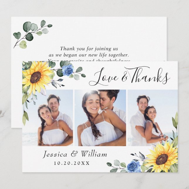 Cartão De Agradecimento Elegante Girassóis Eucalyptus Greenery 3 FOTO (Frente/Verso)