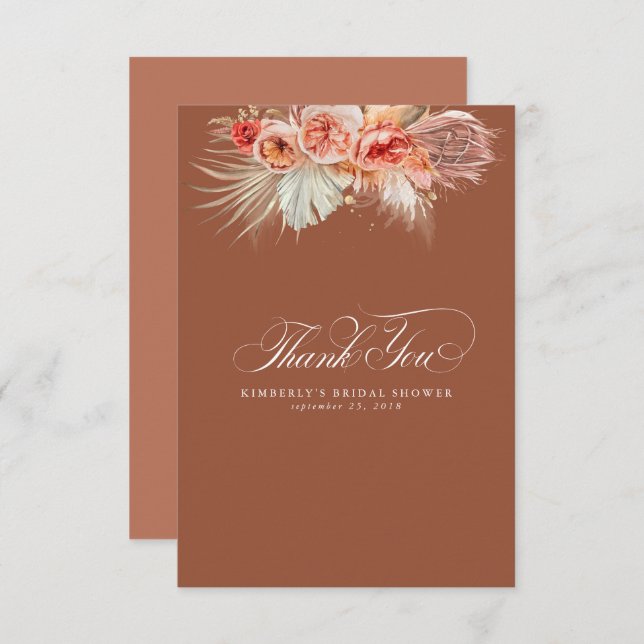 Cartão De Agradecimento Elegante Grama das Pampas Terracota Floral Obrigad (Frente/Verso)