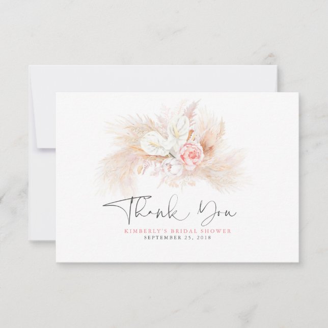 Cartão De Agradecimento Elegante Grama dos Pampas Floral Rosa Obrigado (Frente)