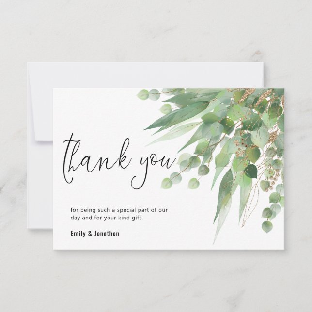 Cartão De Agradecimento Elegante Green Dourado Eucalyptus deixa foto de sc (Frente)
