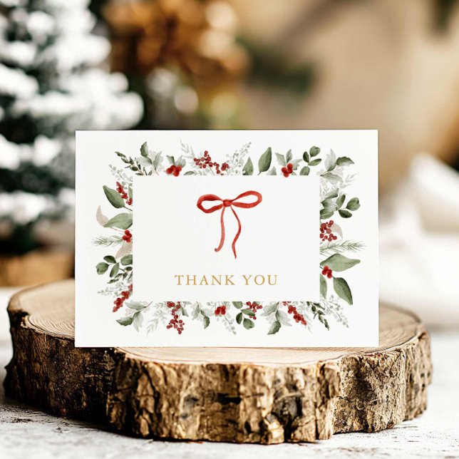 Cartão De Agradecimento Elegante Greenery e Chá de fraldas de Berries (Winter Greenery Baby Shower Thank you card)