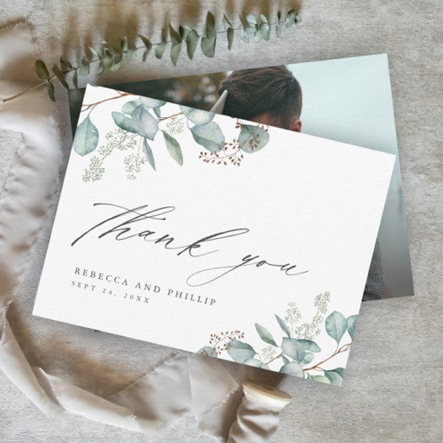 Cartão De Agradecimento Elegante Greenery Eucalyptus - Foto de Casamento (Elegant Eucalyptus Greenery Wedding Photo Thank You Cards.)