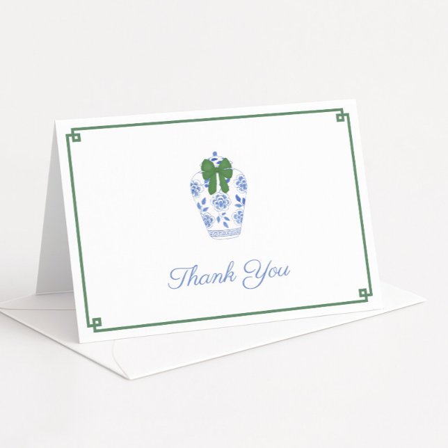 Cartão De Agradecimento Elegante Laço Verde Xadrez Chuveiro de Noiva de Na (Elegant Christmas thank you card design or personal stationery featuring ginger jar with green bow)
