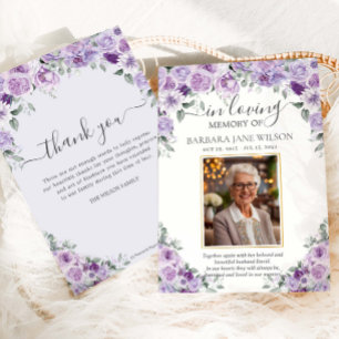 Cartão De Agradecimento Elegante Lilás Roxo Floral Foto Funeral Memorial