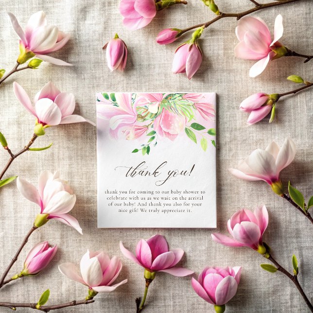 Cartão De Agradecimento Elegante Magnolia Rosa Chá de fraldas de Aquarela (Elegant Pink Magnolia Watercolor Baby Shower Thank You Card)