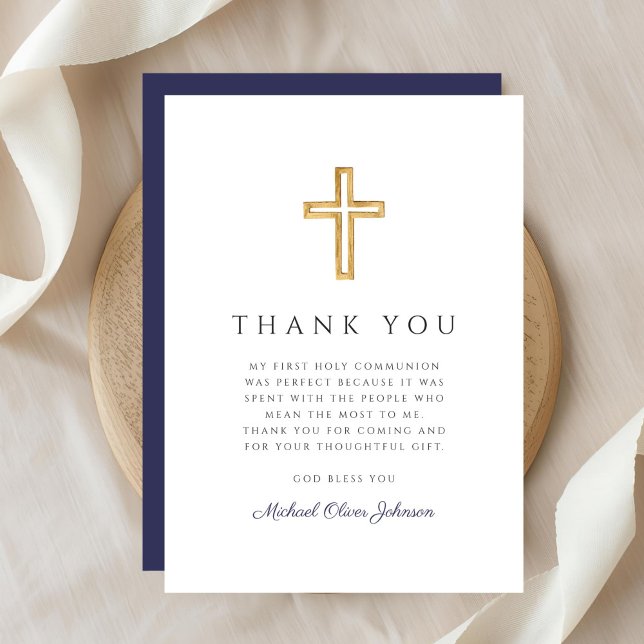 Cartão De Agradecimento Elegante Marinho Azul Religioso Primeira Comunhão (Elegant Navy Blue Religious Cross First Communion Thank You Card)