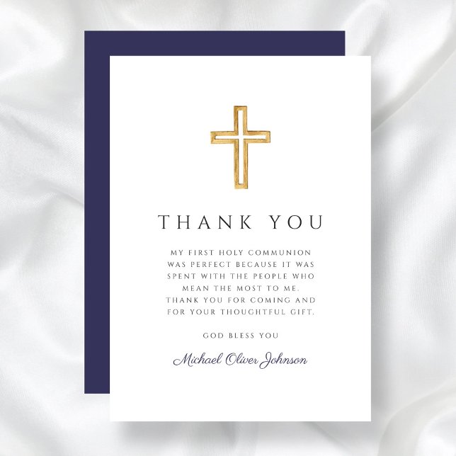 Cartão De Agradecimento Elegante Marinho Azul Religioso Primeira Comunhão (Elegant Navy Blue Religious Cross First Communion Thank You Card)