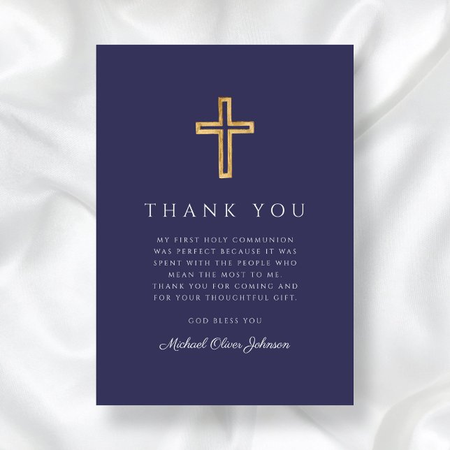 Cartão De Agradecimento Elegante Marinho Azul Religioso Primeira Comunhão (Elegant Navy Blue Religious Cross First Communion Thank You Card)