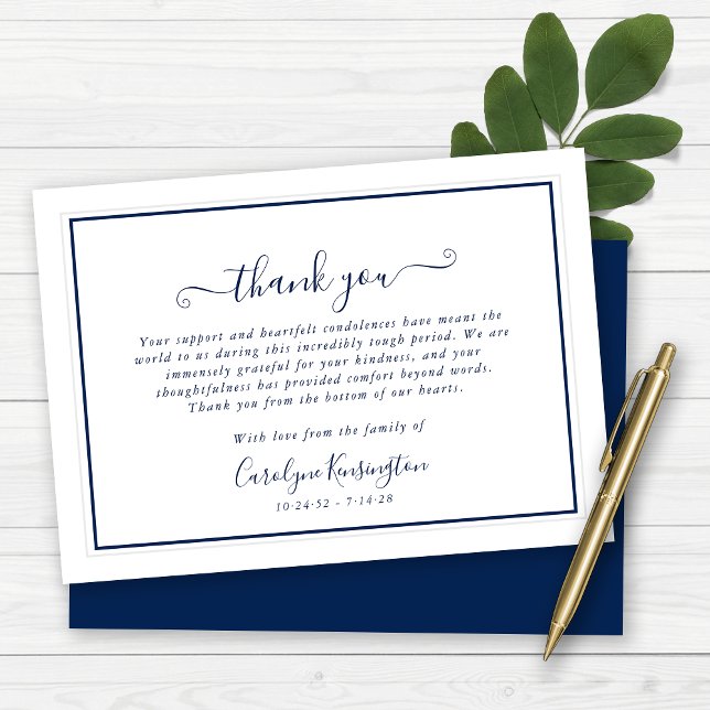 Cartão De Agradecimento Elegante Marinho Azul Simpatia Branca Obrigado (Elegant Navy Blue White Sympathy Thank You Note Cards)