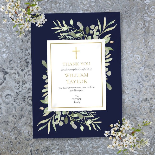 Cartão De Agradecimento Elegante Marinho Blue Funeral Memorial Dourada Cru (Elegant Navy Blue Funeral Memorial Gold Cross Thank You Card)