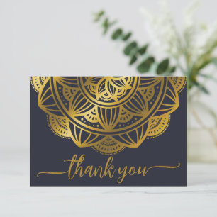 Cartão De Agradecimento Elegante Marinho Dourado Mandala Obrigado