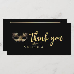 Cartão De Agradecimento Elegante Mascarada de ouro negro boêmico obrigado