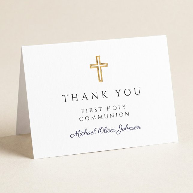 Cartão De Agradecimento Elegante Menino Azul Marinho Script Primeira Comun (Elegant Navy Blue Script Boy First Communion Thank You Card)