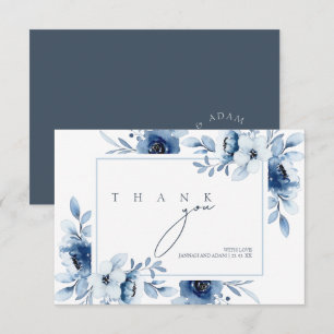 Cartão De Agradecimento Elegante Monograma de Moldura Floral Azul