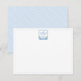 Cartão De Agradecimento Elegante Monograma em Azul e Branco Chinoiserie