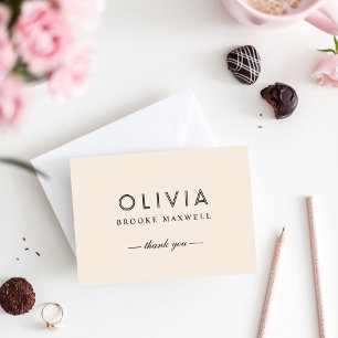 Cartão De Agradecimento Elegante Monograma Personalizado em Creme e Preto