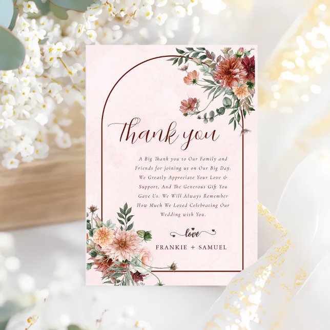 Cartão De Agradecimento Elegante no Casamento dos Toninhos Rosa de outono (Criador carregado)