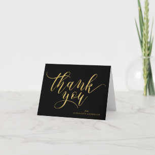 Cartão De Agradecimento Elegante Ouro e Preto Script Obrigado