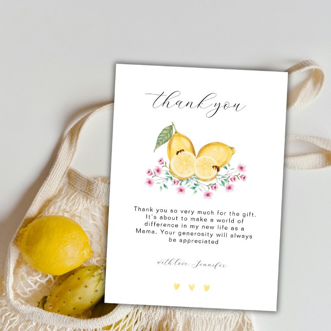 Cartão De Agradecimento Elegante Pequeno Chá de fraldas de Limão Cutie (Elegant Little Cutie Lemon Citrus Baby Shower Thank You Card)