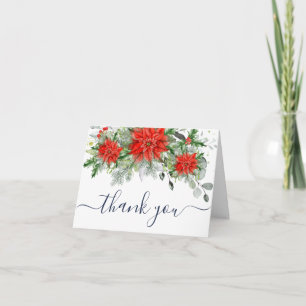 Cartão De Agradecimento Elegante Poinsettia Vermelha Eucalipto Pinheiro Aq