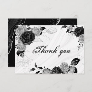 Cartão De Agradecimento elegante prata e flores pretas botânicas