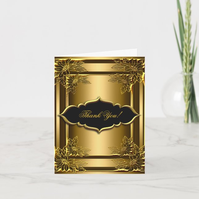Cartão de Agradecimento Elegante Preto Dourado (Frente)