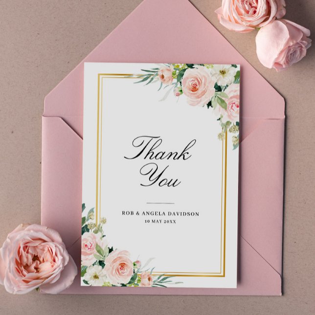 Cartão De Agradecimento elegante quadro blush floral casamento (Criador carregado)