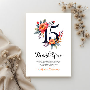 Cartão De Agradecimento Elegante Quinceanera de Aniversário Floral em Aqua