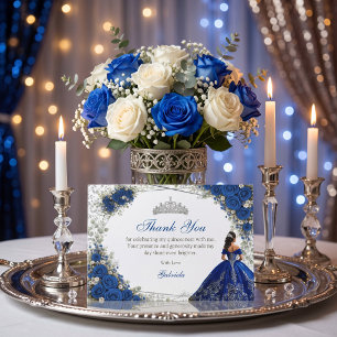 Cartão De Agradecimento Elegante Quinceañera de Rosas Azuis Reais e Prata