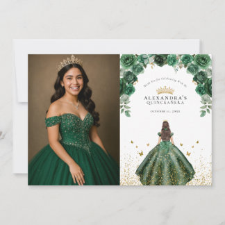 Cartão De Agradecimento Elegante Quinceañera Floral Esmeralda Falso Folhea