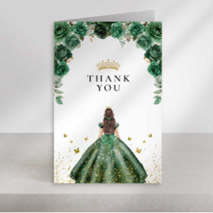 Cartão De Agradecimento Elegante Quinceañera Floral Falso Folha Esmeralda