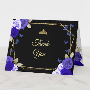 Cartão De Agradecimento Elegante Quinceanera Rosas Azuis Douradas e Pretas