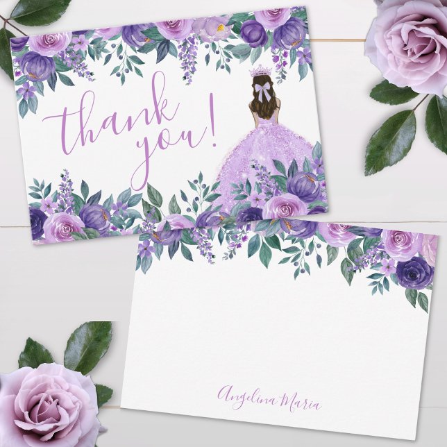 Cartão De Agradecimento Elegante Quinceañera Roxo (Elegant Floral Purple Quinceañera Thank You Card)