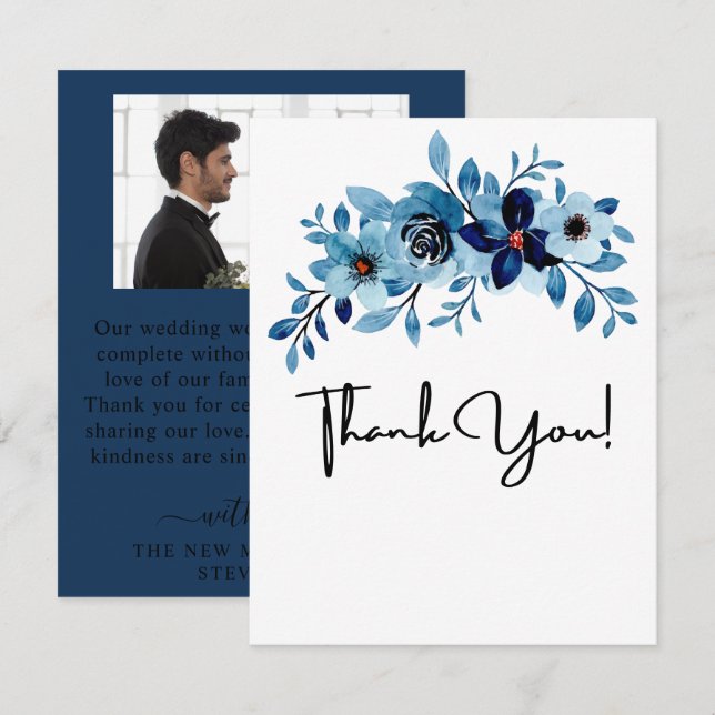 Cartão De Agradecimento Elegante Ramalhete de Flores de Aquarela Azul Empo (Frente/Verso)